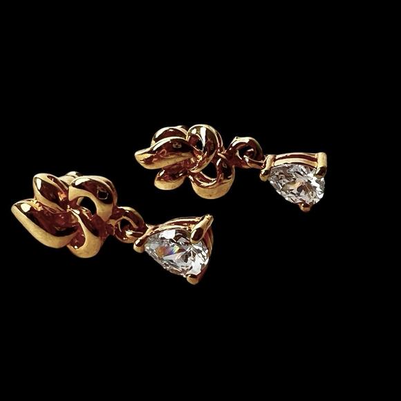 Rhinestone Dangle Earrings Teardrop Bright Clear Sparkle Shiny Gold Tone Post - Picture 8 of 9